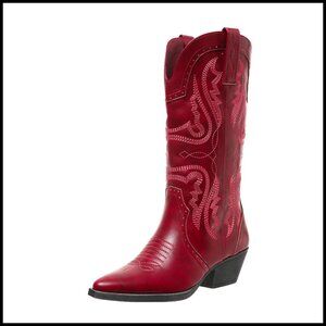 Women's Cowboy Boots Mid Calf Embroidered Stitched Pointed Toe Chunky Block Heel